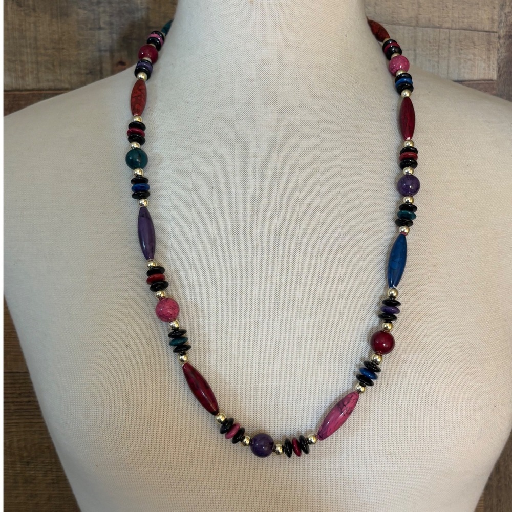 Vintage Style Multi Color Beaded Necklace Boho Faux Stone Gold Tone 29 Inch